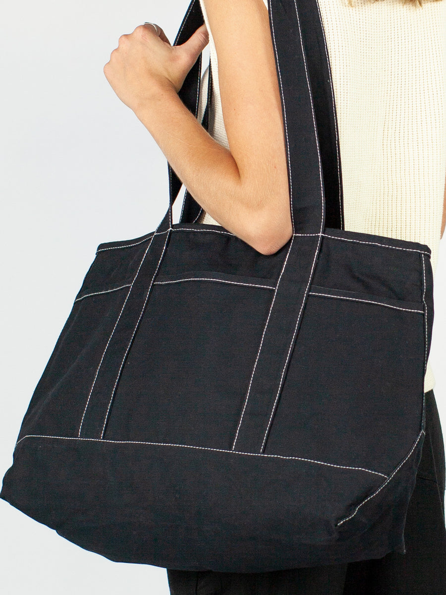 DAY TOTE | BLACK CANVAS CONTRAST STITCHING